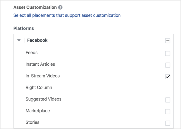 Video reklamlarınızı yalnızca Facebook'ta göstermek istiyorsanız, Facebook'un altındaki Yayın İçi Videolar'ı seçin.