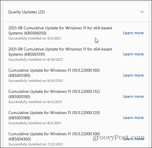kalite güncellemeleri windows 11