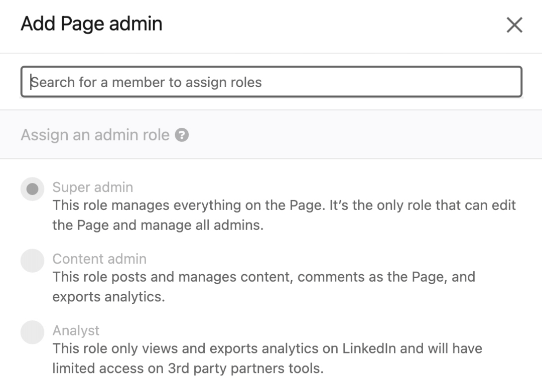Linkedin'de Sayfa Yöneticisi Ekle iletişim kutusunun görüntüsü