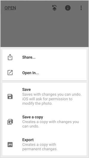 Snapseed gibi mobil uygulamalarda görüntünüzü paylaşın, kaydedin veya dışa aktarın.