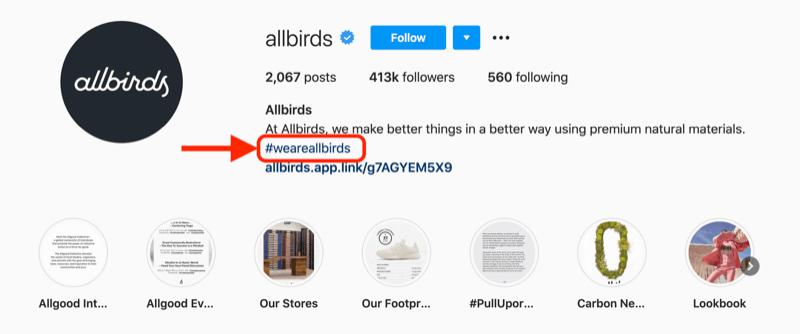 @allbirds instagram hesabının profil açıklamasında yer alan bir şirket hashtag örneği