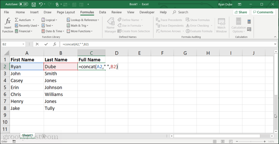 Excel'de concat fonksiyonunu kullanma