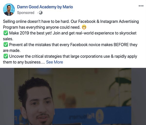 Daha uzun formlu metin tabanlı Facebook sponsorlu gönderiler, tip 1 sorunu ve çözümü nasıl yazılır ve yapılandırılır, örnek, Damn Good Academy, Mario