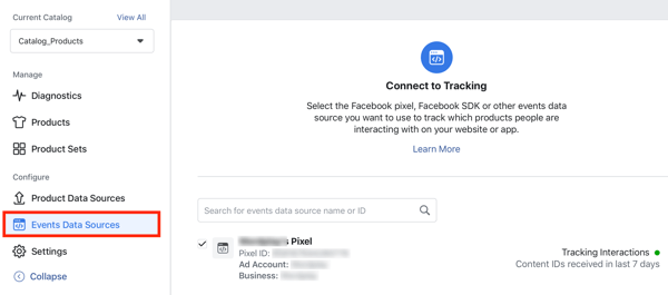 Facebook pikselini kataloğunuza bağlamak için Facebook Event Setup Tool, adım 24, menü seçeneğini kullanın