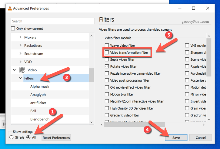 Windows'ta VLC'de video dönüştürme filtrelerini etkinleştirme