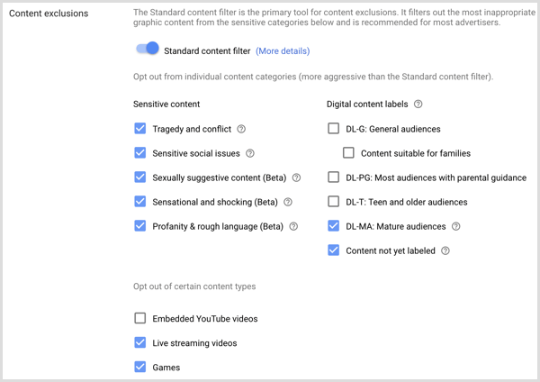 Google AdWords kampanyası için içerik hariç tutma ayarları.