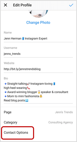 Instagram Profil Düzenle ekranında İletişim Seçenekleri