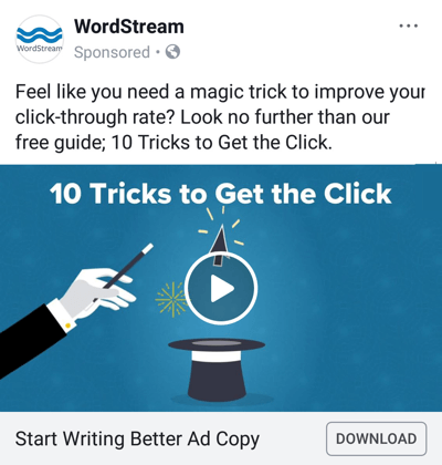 Ücretsiz bir rehber sunan WordStream örneği gibi sonuçlar sunan Facebook reklam teknikleri