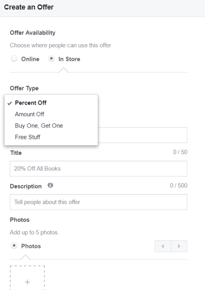 Bir Facebook teklifi oluştururken kullanılabilen ayarlar.