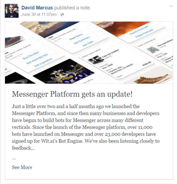 facebook messenger bot güncellemesi