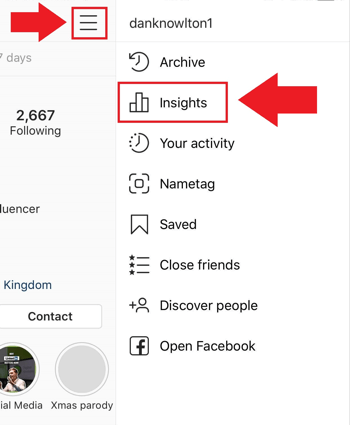 Sosyal medya pazarlama stratejisi; Instagram uygulamasında Instagram Insights'a nereden erişileceğini gösteren ekran görüntüsü.