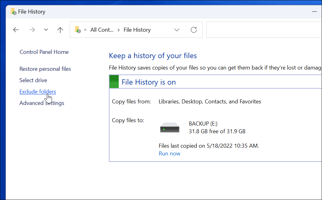 Windows 11'de kullanım dosyası geçmişini hariç tut