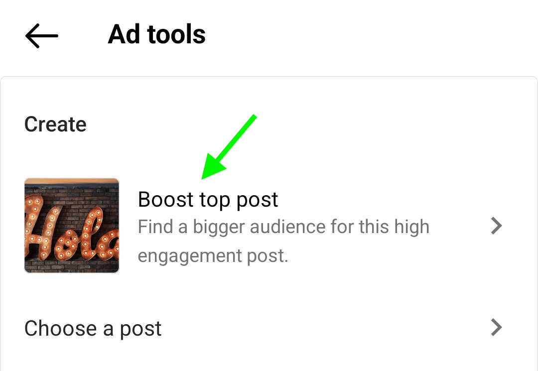 Reklam Araçları'nda Instagram'da öne çıkarmak için önerilen gönderinin resmi
