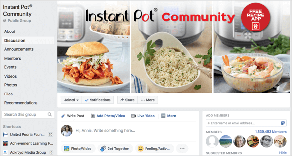 Bir milyondan fazla üyeden oluşan Instant Pot Community Facebook grubu.