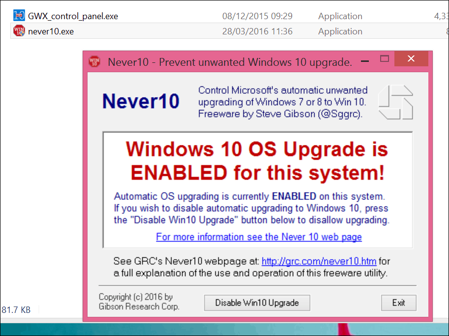 Windows 10 Yükseltmesini Never 10 veya GWX Uygulaması ile Durdurun