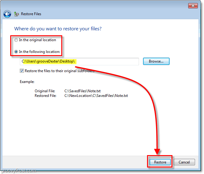 Windows 7 Yedekleme - geri yüklenen dosyalar için bir hedef seçin