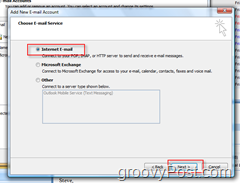 Outlook 2007'de yeni Posta Hesabı oluşturma:: Internet e-posta Radyo Düğmesi