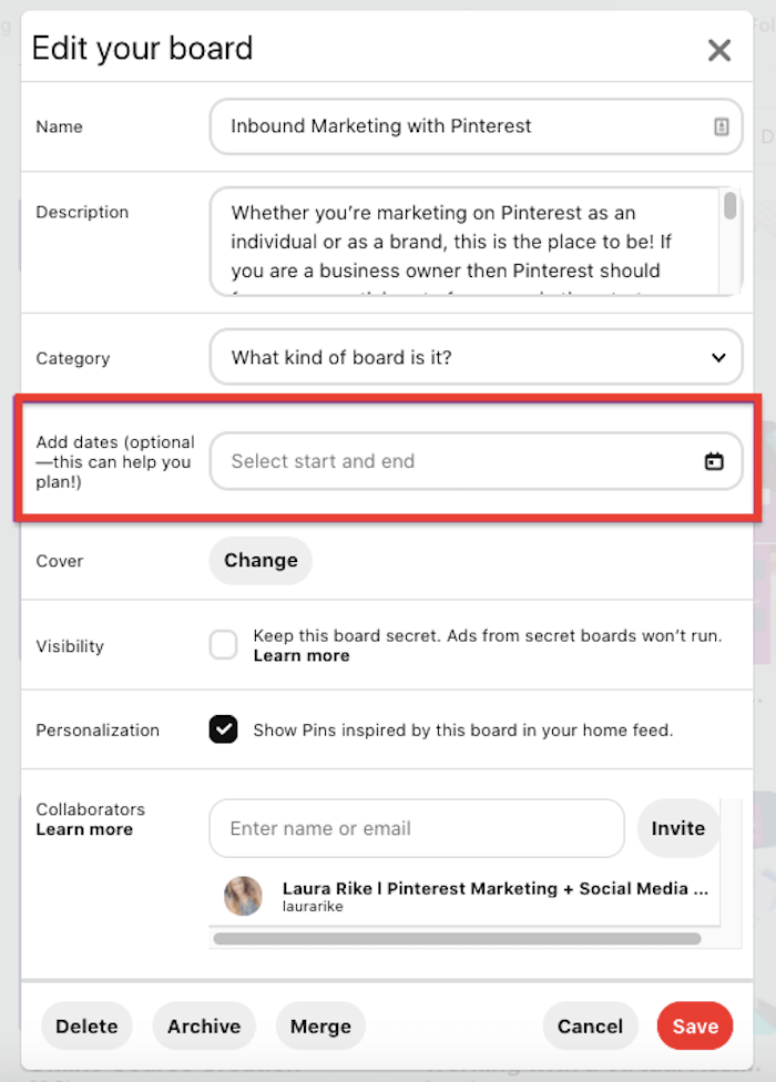 pinterest vurgulanmış tarih ekle seçeneği ile pano menünüzü düzenleyin