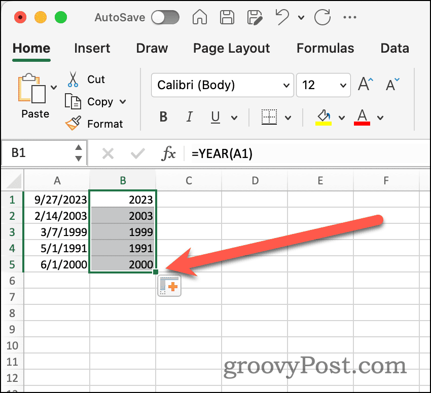 Excel'de Otomatik Doldurma Tutamağı