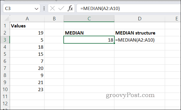 Excel'deki örnek MEDIAN sonucu