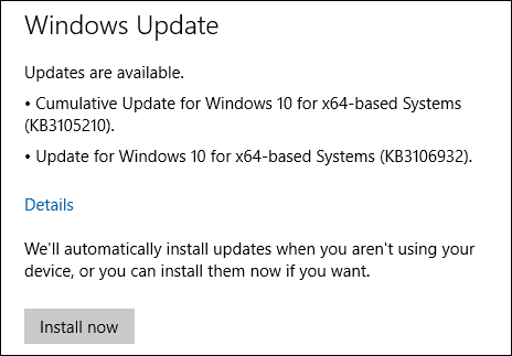 Windows 10 Güncelleştirmeleri KB3105210 KB3106932