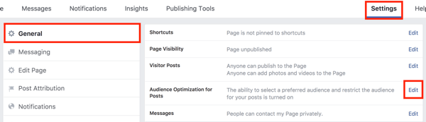 Facebook sayfası ayarlarınızda, Gönderiler için Kitle Optimizasyonu seçeneğinin sağındaki Düzenle düğmesini tıklayın.