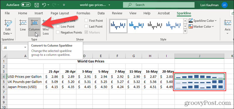 Excel'de Mini Grafik Türünü Değiştirin