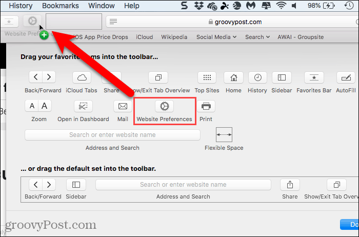 Mac için Safari'de Araç Çubuğu'na Web Sitesi Tercihleri ​​düğmesi ekleme