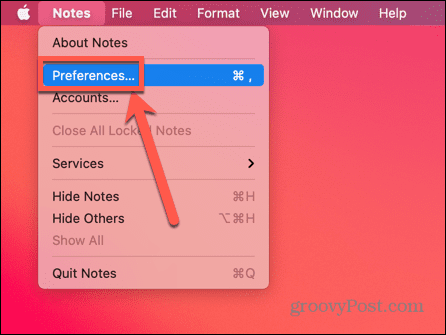 Mac'teki Notes'ta Tercihler'i seçin