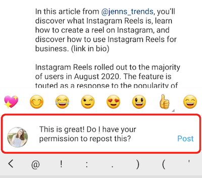 instagram gönderi örneği yorum yanıtı iltifat ve içeriği yeniden yayınlamak için izin isteme