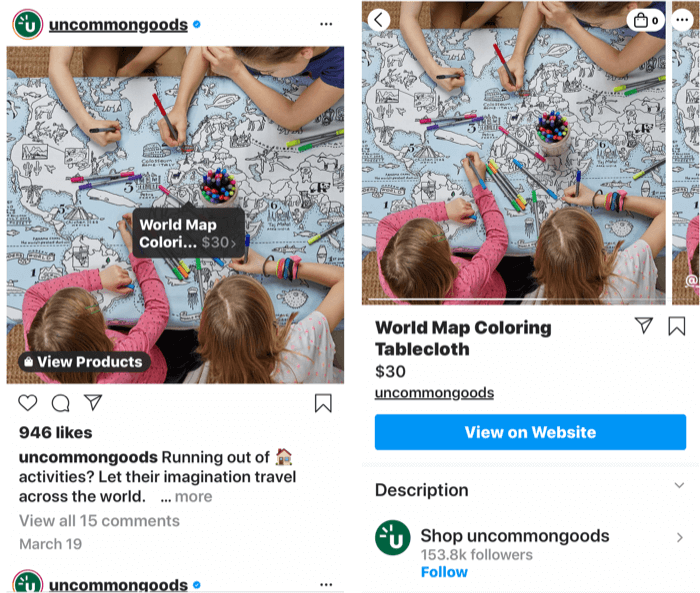 Alışveriş yapılabilir bir ürün gönderisine eklenen bir instagram etiketinin yanı sıra bir gönderi etiketi seçildikten sonra ürünün mağaza sayfasını gösteren ekran görüntüleri