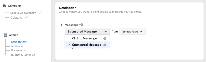 Facebook Reklam Yöneticisinde Facebook Sponsorlu Mesaj seçeneği