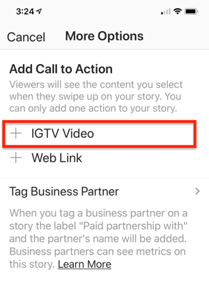 Instagram hikayenize eklemek için bir IGTV Video Bağlantısı seçme seçeneği.