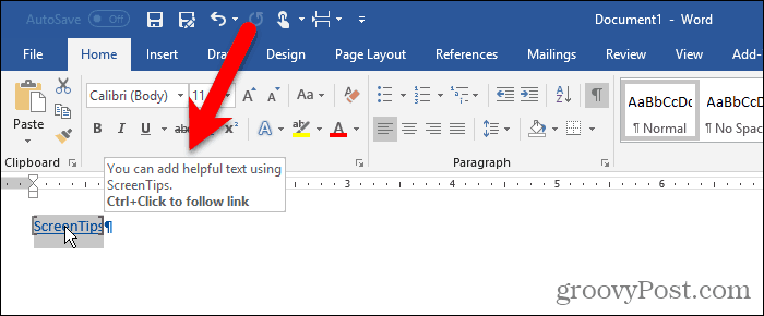 Word'deki metinde Özel Ekran İpucu