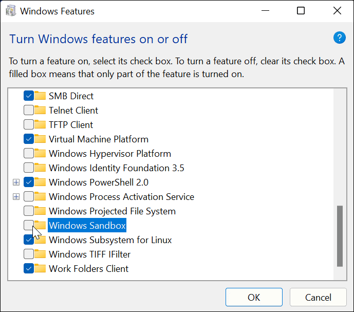 Windows Sandbox'ın işaretini kaldırın