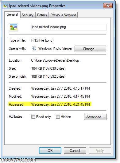 Windows 7 ekran görüntüsü - erişim tarihi çok iyi güncellenmiyor