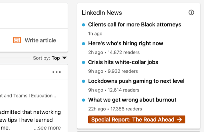 Linkedin ana sayfasının, linkedin haber bölümünün resmin merkezinde yer alan örnek ekran görüntüsü