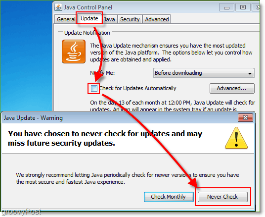 Ekran Görüntüsü: Windows 7 Java Güncelleme Denetimlerini Devre Dışı Bırak
