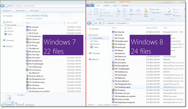 Windows 7 Gezgini ile karşılaştırıldığında Windows 8 Gezgini