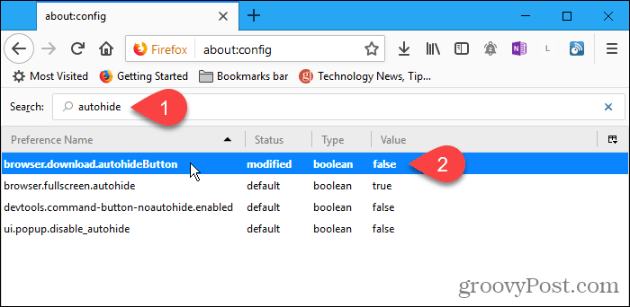 Firefox'ta autohideButton yapılandırma ayarını çift tıklayın