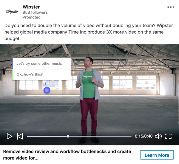 LinkedIn hedef tabanlı reklamlar, Wipster sponsorlu video reklam örneği nasıl oluşturulur