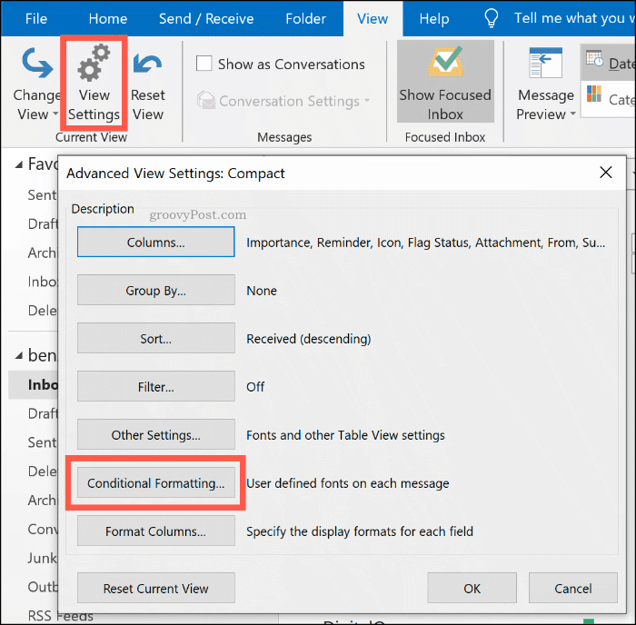 Microsoft Outlook'ta Koşullu Biçimlendirme seçenekleri düğmesi