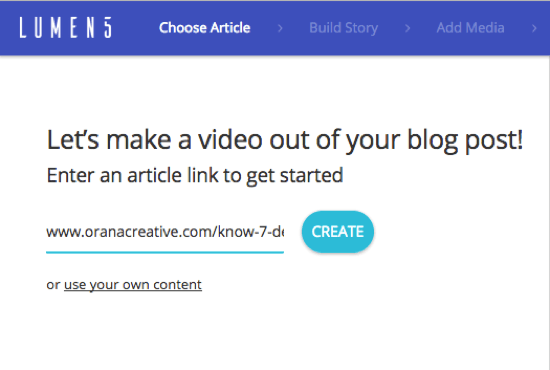 Lumen5 videosu oluşturmak istediğiniz blog gönderisinin URL'sini ekleyin.