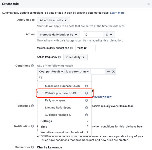 Facebook otomatik kurallarını kullanın, ROAS 2'den büyük olduğunda bütçeyi artırın, 3. adım, koşulları ayarlayın
