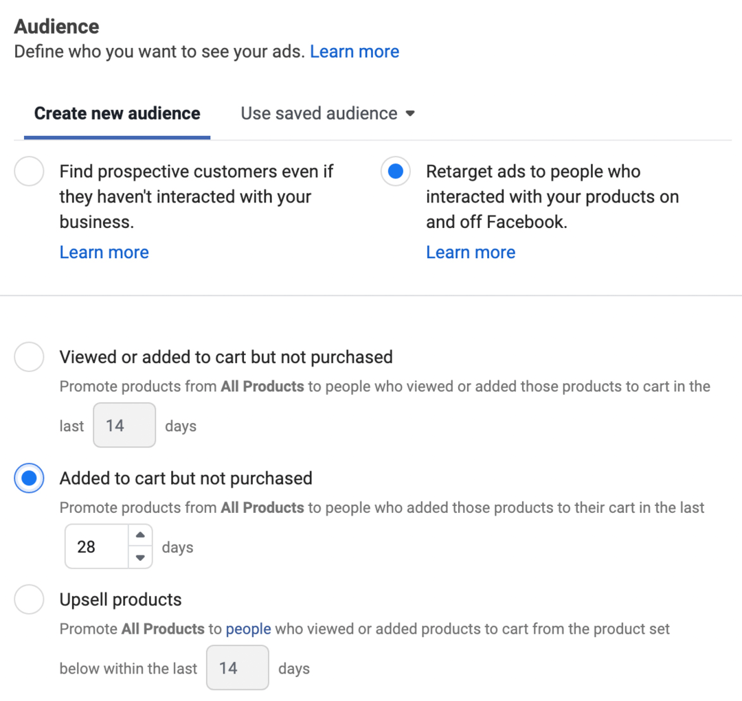 Reklam Yöneticisi'nde seçilen Facebook'ta ve Facebook dışında ürünlerinizle etkileşime giren kişilere reklamları yeniden hedefle seçeneğinin resmi