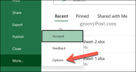 Excel Dosyası seçenekleri menüsü