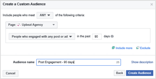 Son 90 gün içinde herhangi bir gönderi veya reklamla etkileşimde bulunan kişilere dayalı bir Facebook özel hedef kitlesi oluşturma seçeneklerini seçin