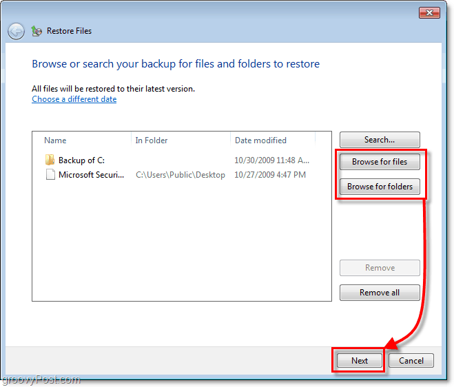 Windows 7 Yedekleme - geri yüklemek istediğiniz dosya veya klasörleri seçin