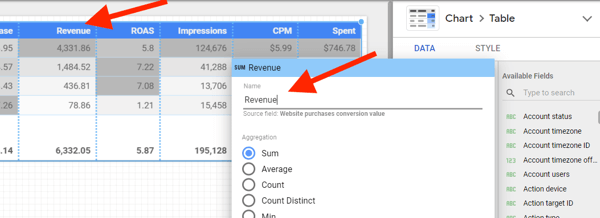 Facebook reklamlarınızı analiz etmek için Google Data Studio'yu kullanın, 16. adım, metrik adlarını güncelleme seçeneği