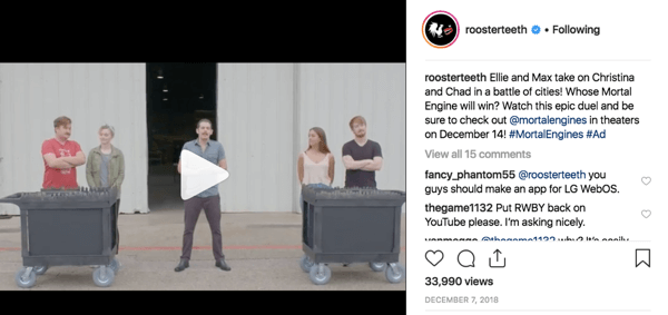 Instagram'da Rooster Teeth süper hayran etkileşimi örneği.